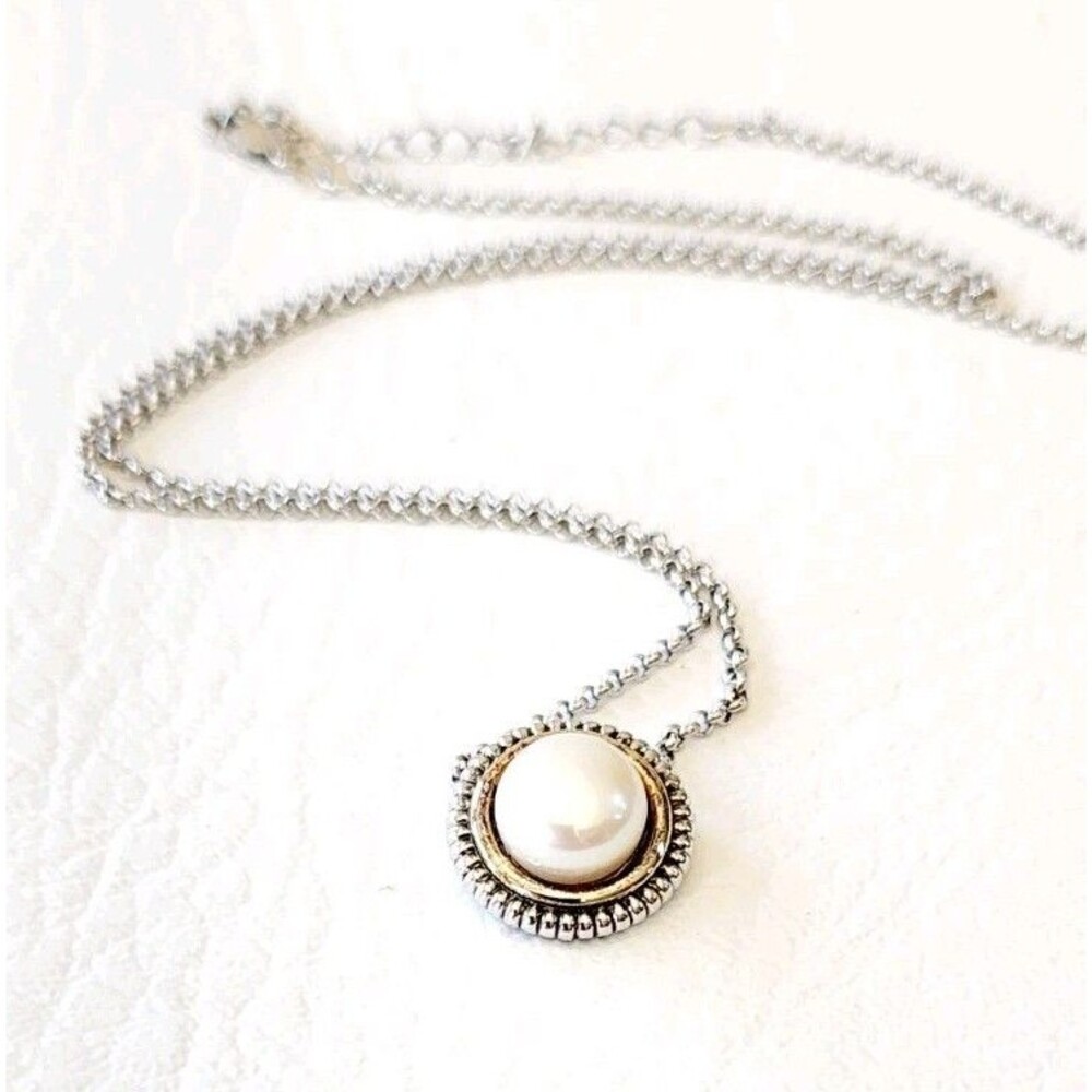 RL 14K Yellow Gold and 925 Sterling Silver White Pearl Pendant & Chain 6.53g